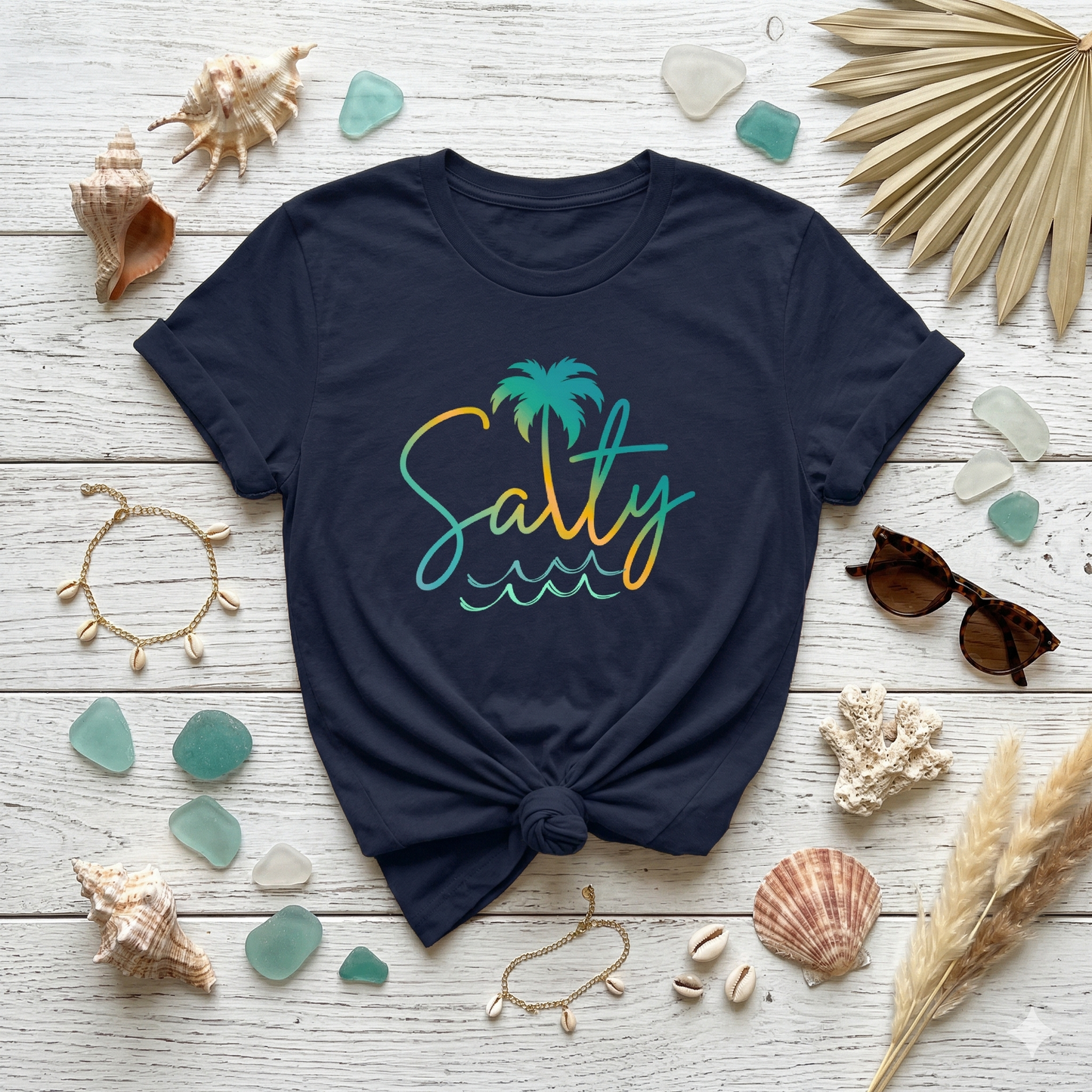 Salty Palm Beach T-Shirt — Tropical Script Tee with Palm Tree & Waves