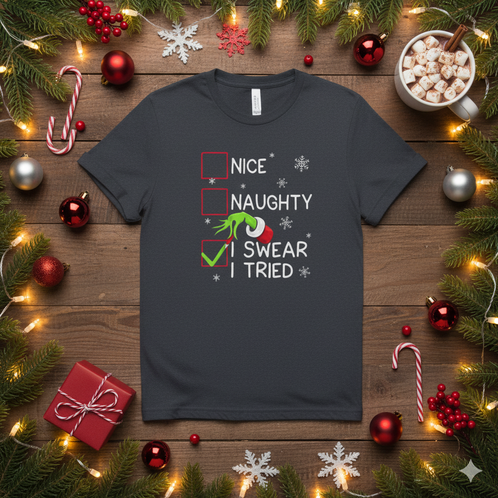 Funny Christmas Shirt – “Nice, Naughty, I Swear I Tried” | Grinch Hand Holiday Humor Tee | Adult Xmas Graphic Shirt