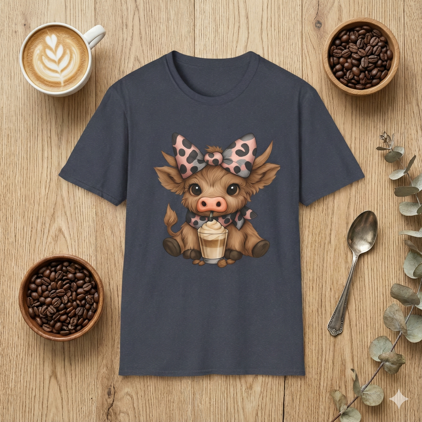 Cute Highland Cow Graphic T-Shirt — Cow with Cupcake & Leopard Bow