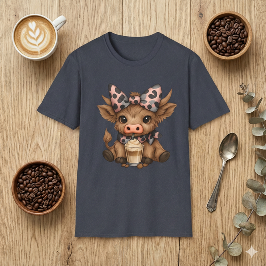 Cute Highland Cow Graphic T-Shirt — Cow with Cupcake & Leopard Bow