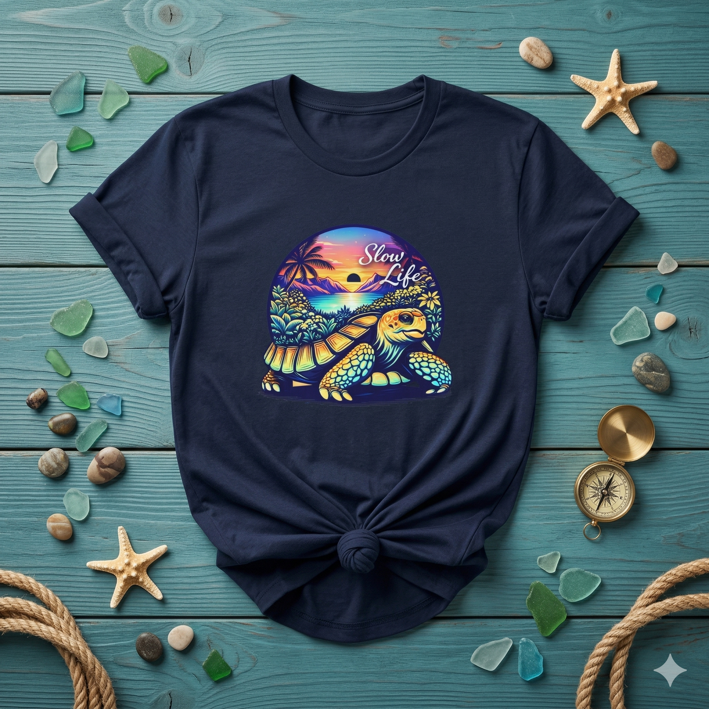 Slow Life Shirt, Sea Turtle Beach Tee, Coastal Vibes Shirt, Ocean Aesthetic Shirt, Tropical Sunset Shirt, Relaxed Beach Shirt