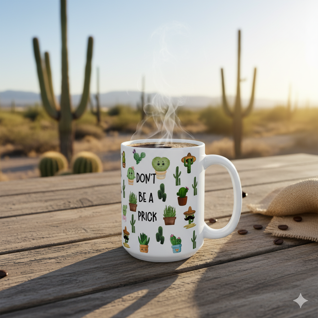 Don’t Be a Prick Cactus Mug (15oz) – Funny Coffee Cup with Cute Succulents, Snarky Gift for Friends & Coworkers