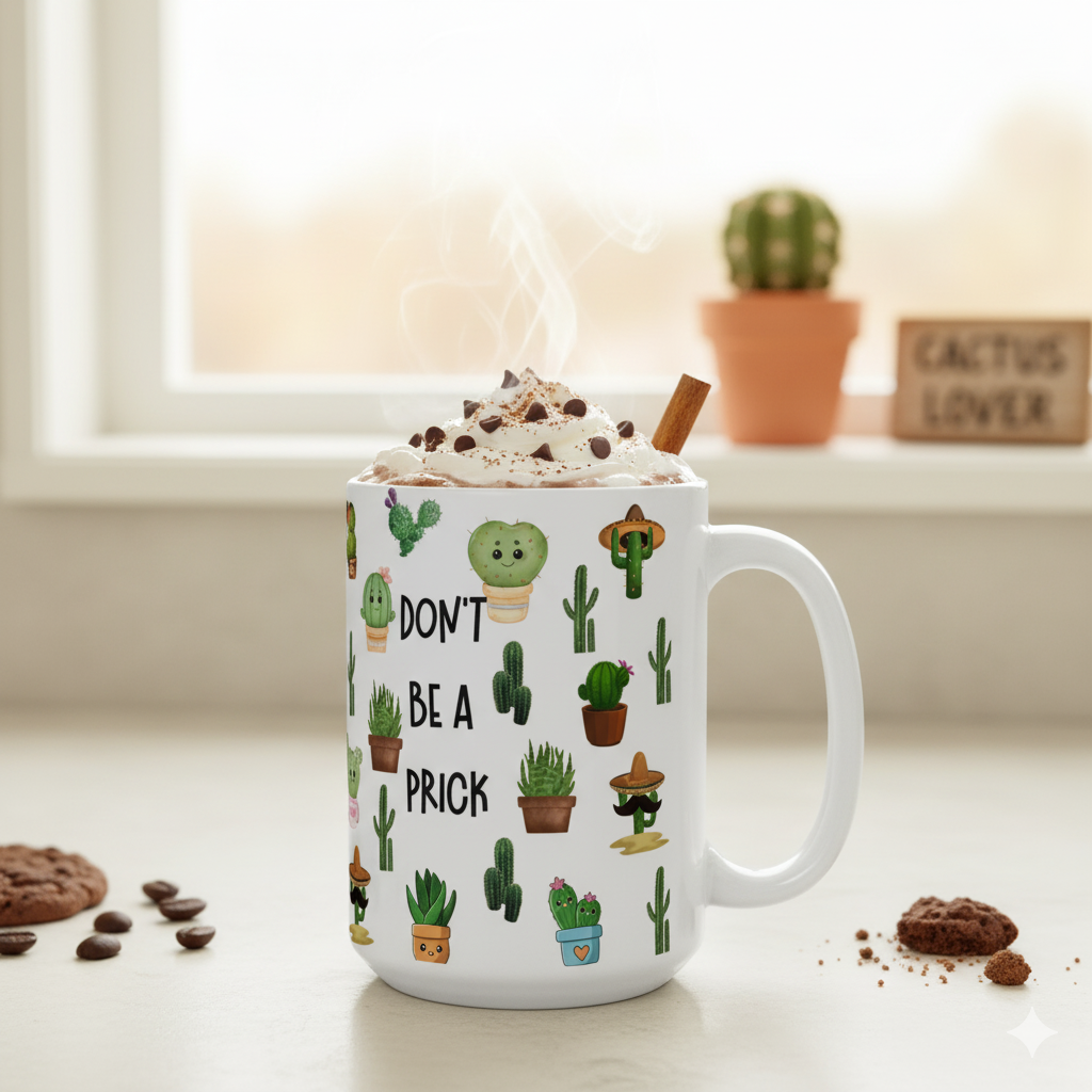 Don’t Be a Prick Cactus Mug (15oz) – Funny Coffee Cup with Cute Succulents, Snarky Gift for Friends & Coworkers