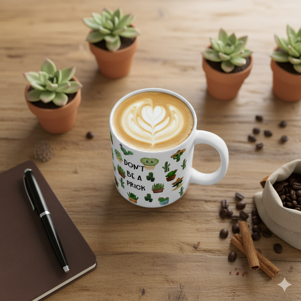 Don’t Be a Prick Cactus Mug (15oz) – Funny Coffee Cup with Cute Succulents, Snarky Gift for Friends & Coworkers