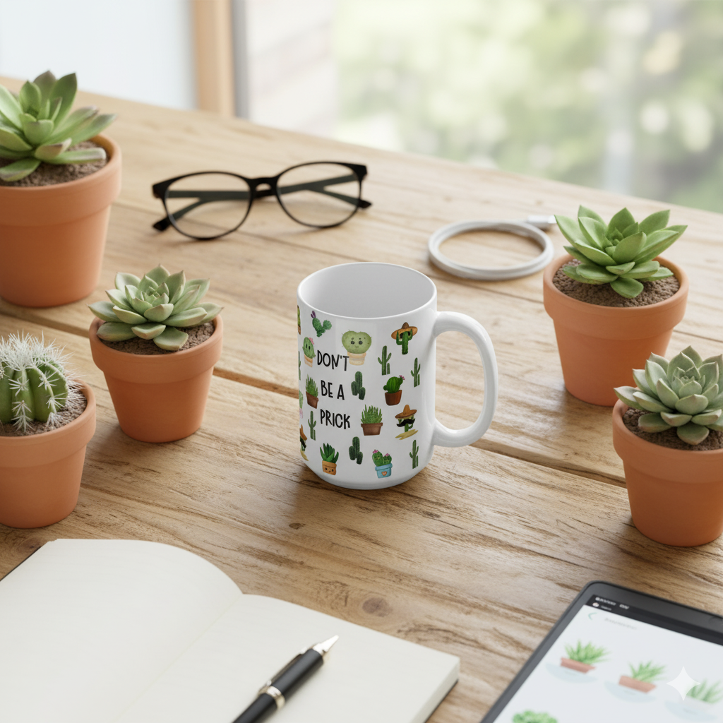 Don’t Be a Prick Cactus Mug (15oz) – Funny Coffee Cup with Cute Succulents, Snarky Gift for Friends & Coworkers