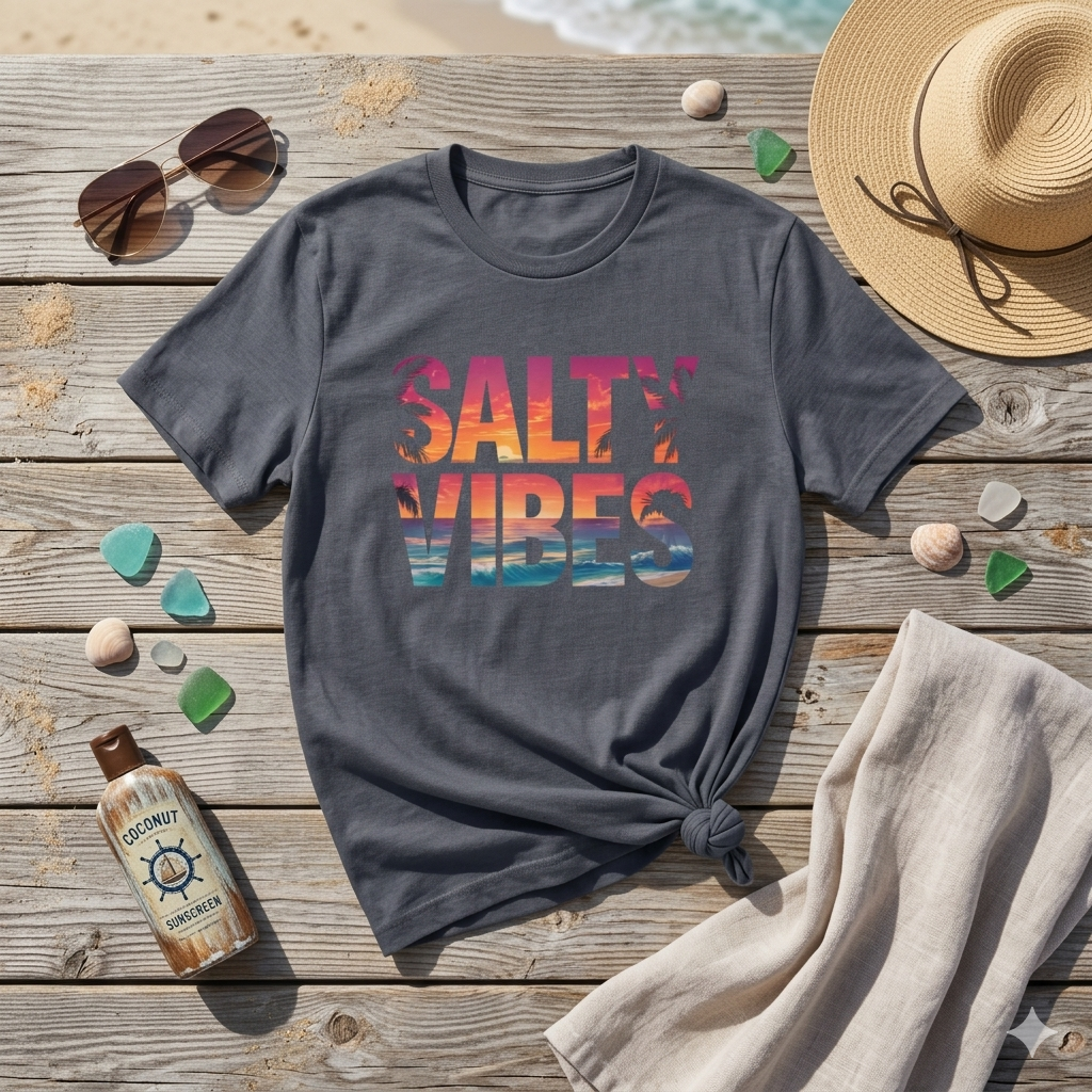 Salty Vibes Shirt, Beach Sunset Graphic Tee, Summer Aesthetic Shirt, Ocean Lover Gift, Coastal Vibe T-Shirt, Trendy Vacation Tee