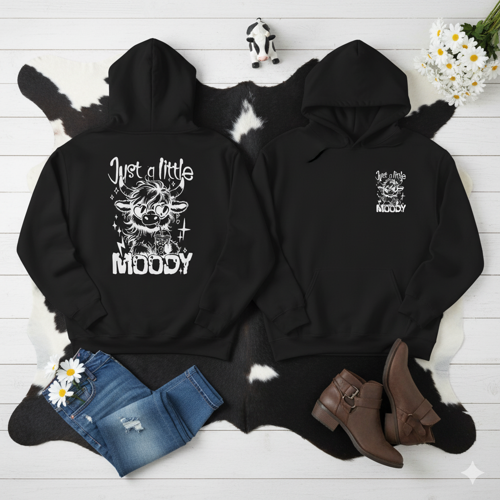 Just a Little Moody Hoodie – Cute Highland Cow Sweatshirt, Funny Cow Lover Gift, Sassy Coffee Cow Hoodie, Cozy Winter Farm Girl Pullover