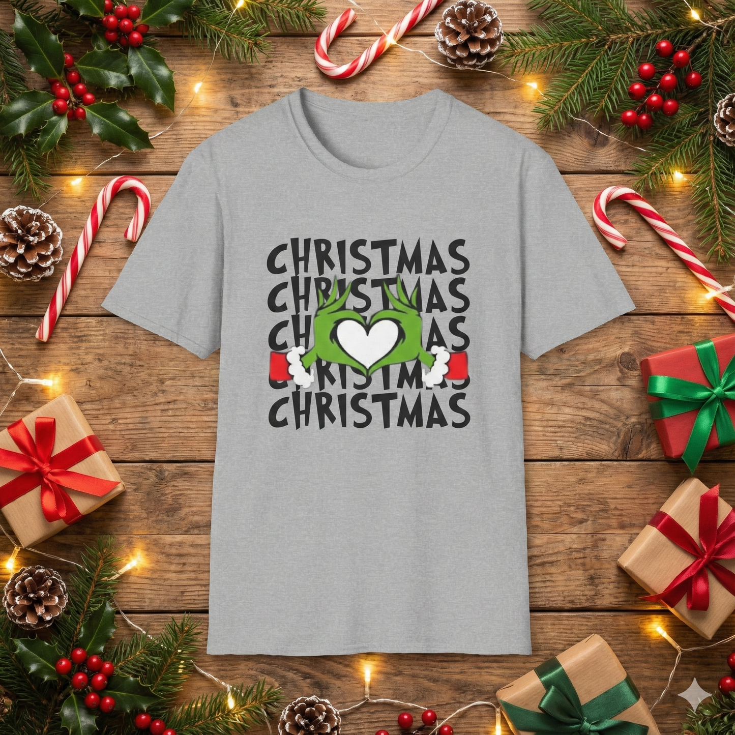 Christmas Grinch Heart T-Shirt — Festive Holiday Graphic Tee, Funny Green Hand Christmas Tee