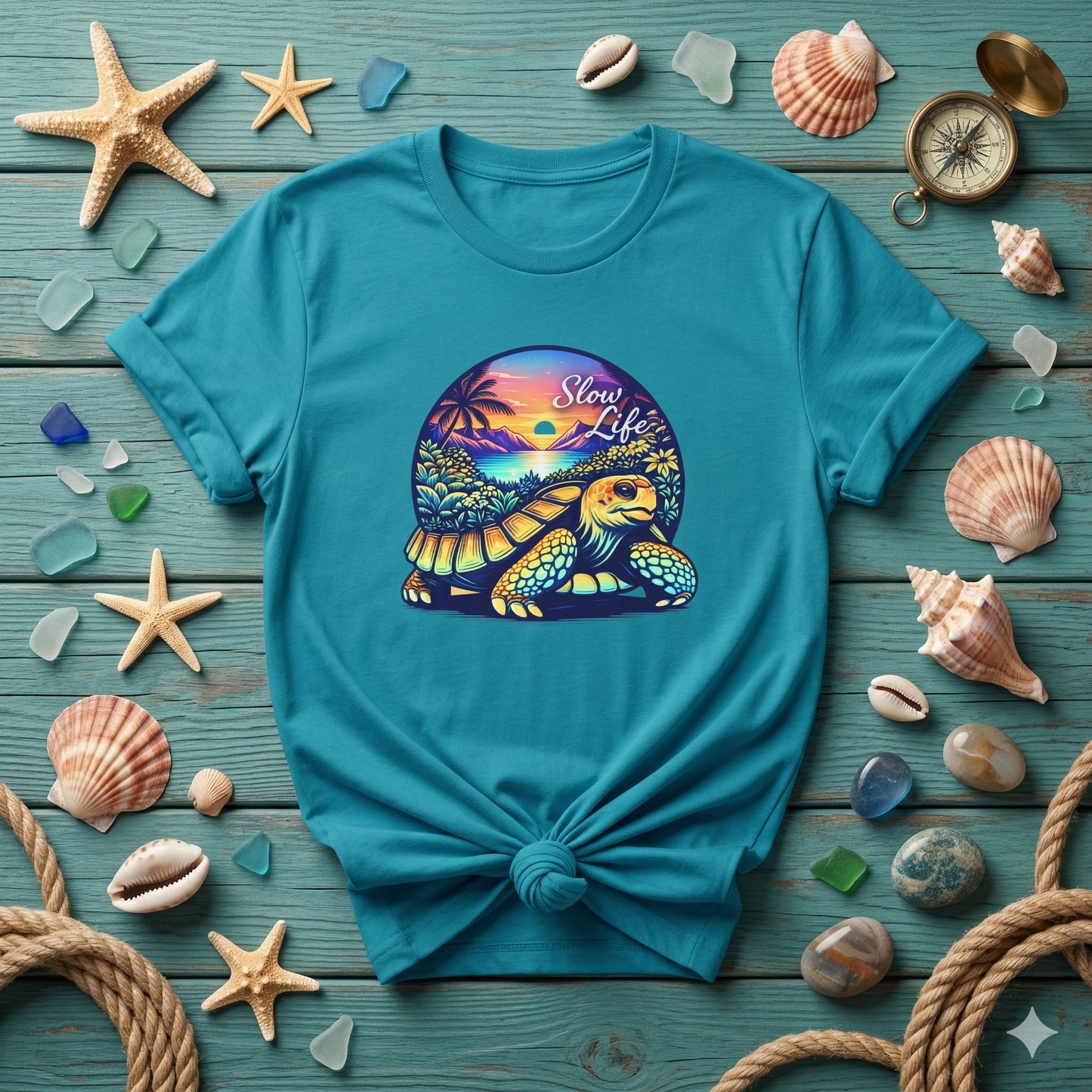 Slow Life Shirt, Sea Turtle Beach Tee, Coastal Vibes Shirt, Ocean Aesthetic Shirt, Tropical Sunset Shirt, Relaxed Beach Shirt