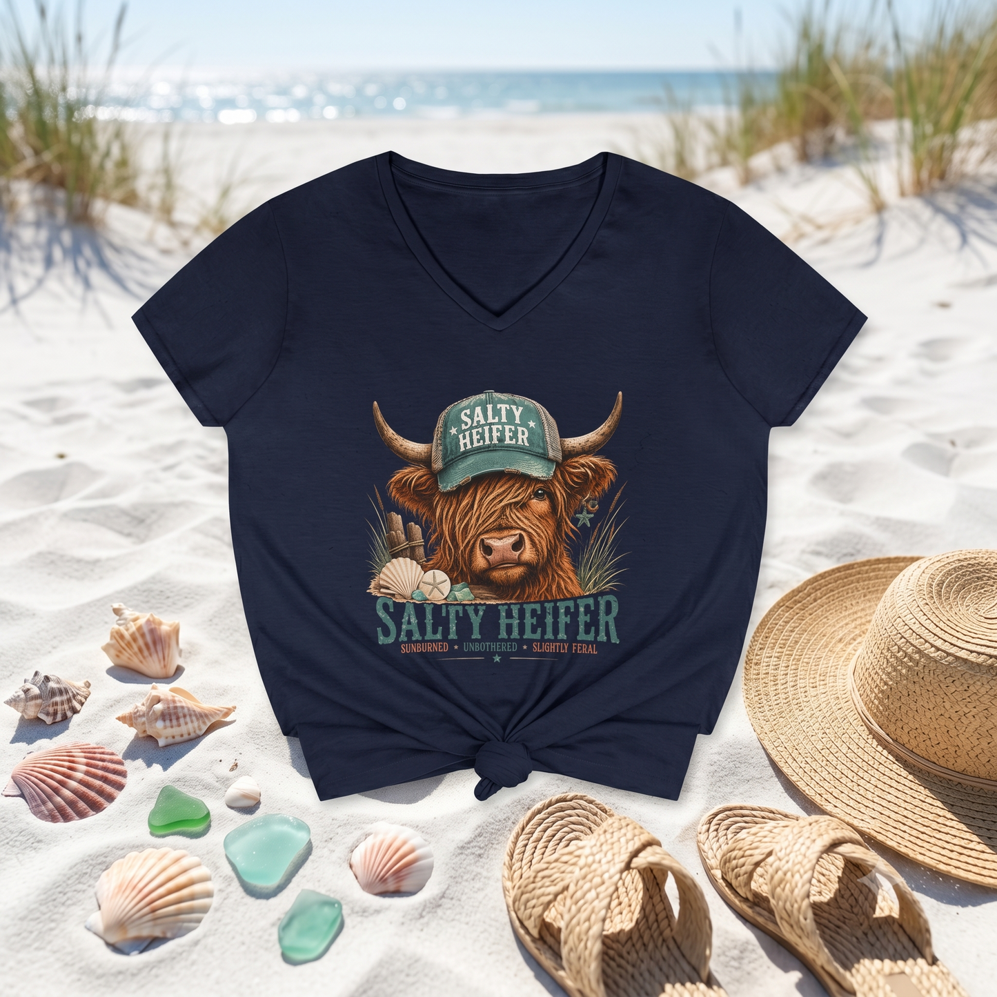 Salty Heifer Highland Cow V-Neck T-Shirt — Funny Farm Animal Tee for Women
