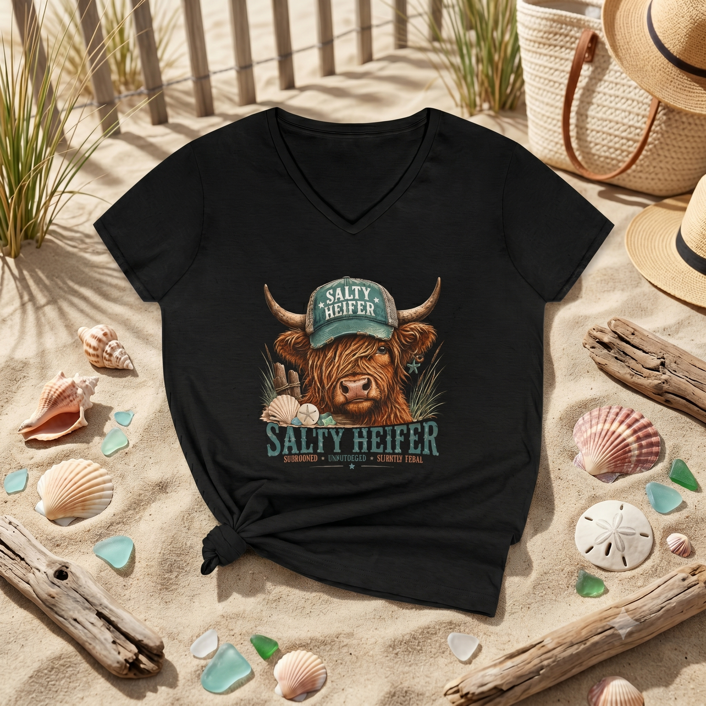 Salty Heifer Highland Cow V-Neck T-Shirt — Funny Farm Animal Tee for Women