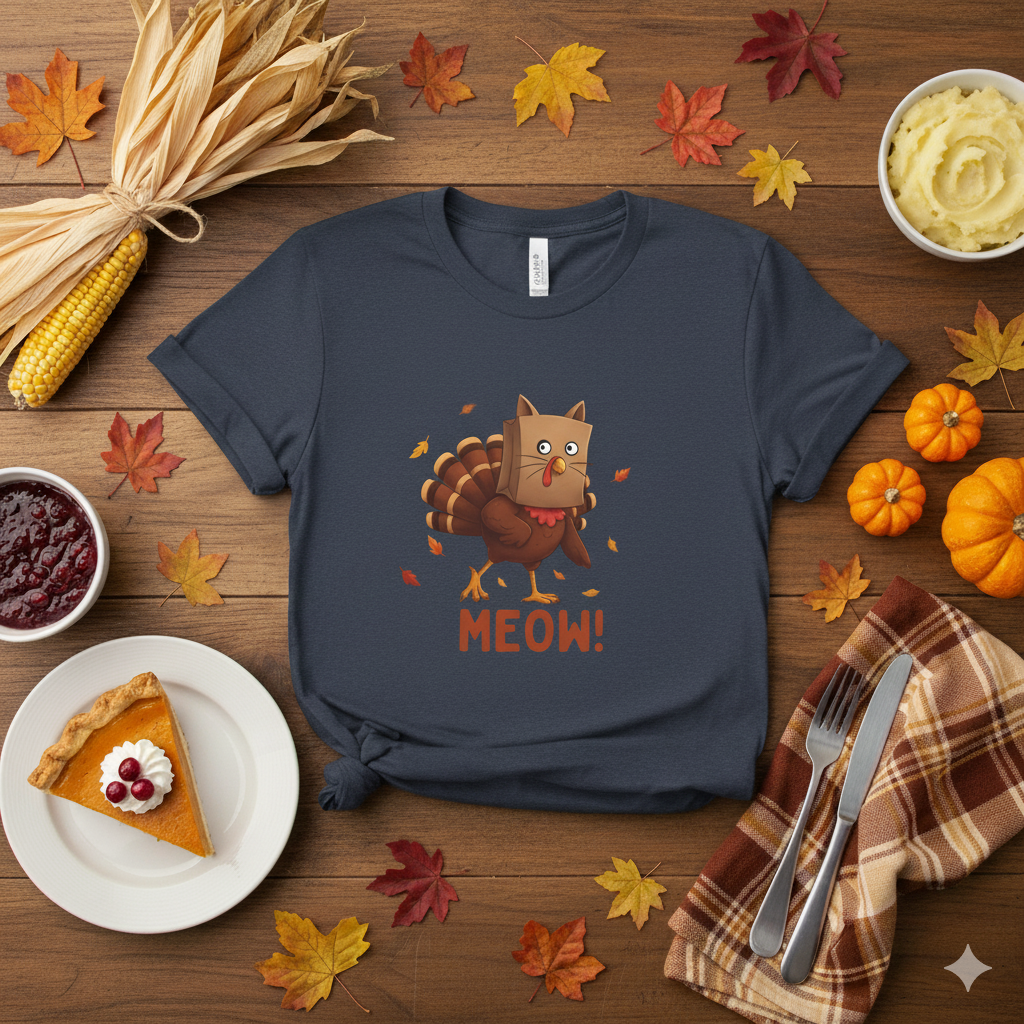 Funny Thanksgiving Shirt – “Meow!” Turkey in Cat Disguise Tee | Hilarious Fall Graphic T-Shirt | Turkey Day Humor Gift