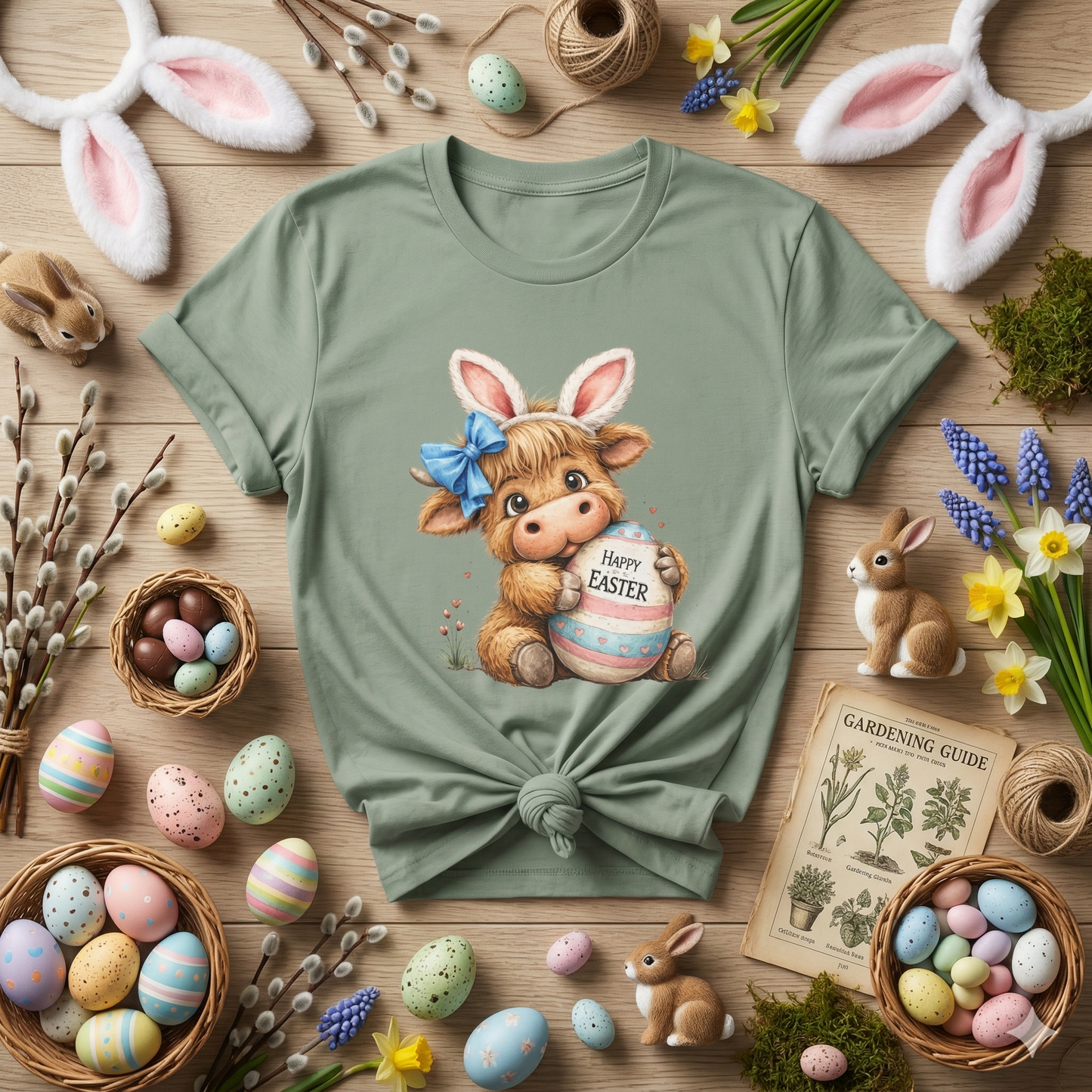 Cute Highland Cow Easter Shirt, Bunny Ears Cow Tee, Kawaii Farm Animal Graphic, Pastel Easter Outfit, Spring Cute Shirt