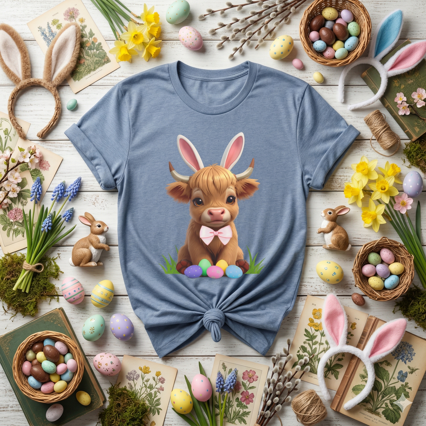 Easter Cow Tee — Cute Calf with Bunny Ears & Colorful Eggs T-Shirt