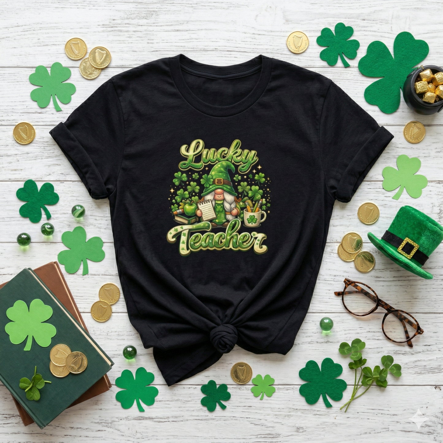 Lucky Teacher St. Patrick's Day T-Shirt — Cute Gnome & Shamrock Classroom Gift