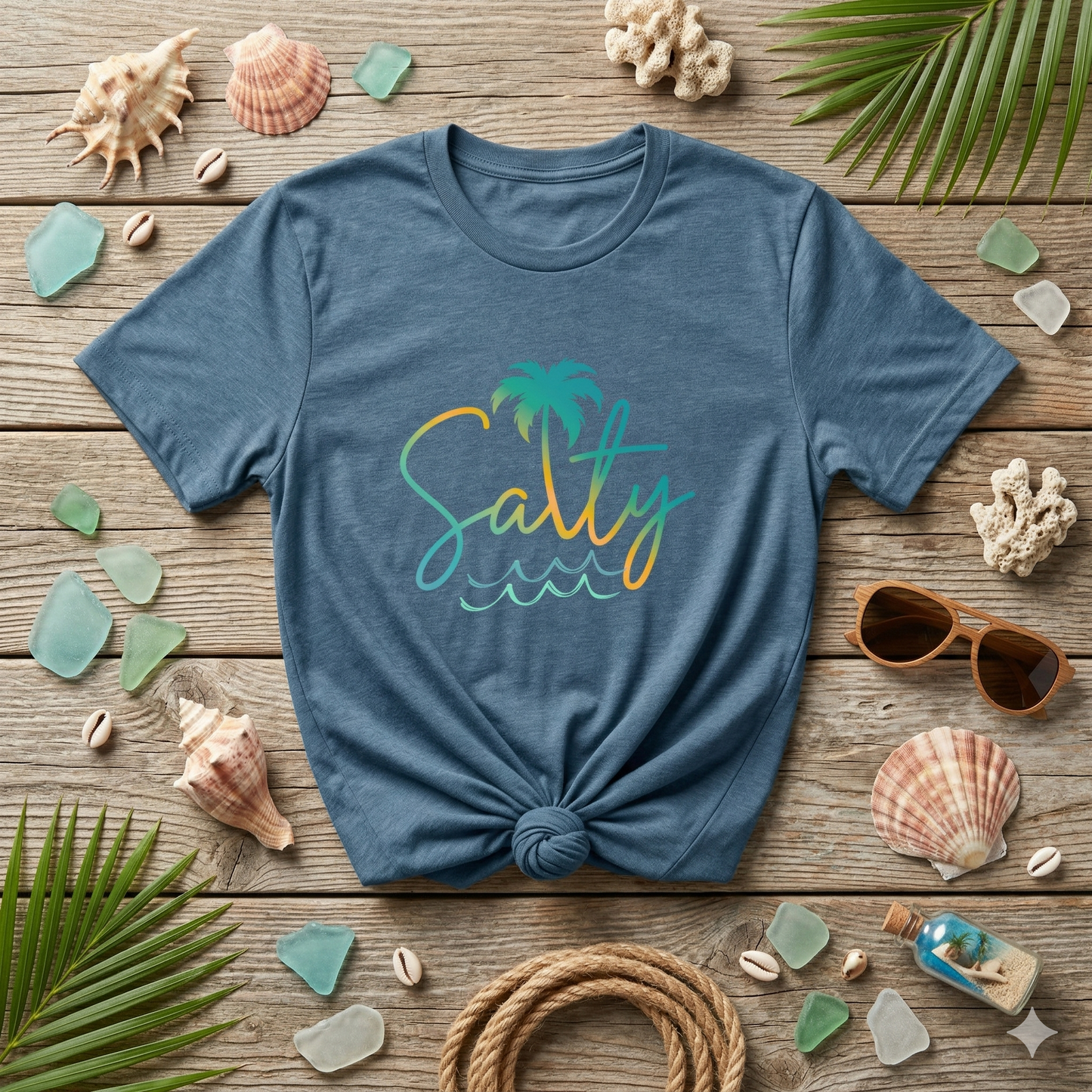 Salty Palm Beach T-Shirt — Tropical Script Tee with Palm Tree & Waves