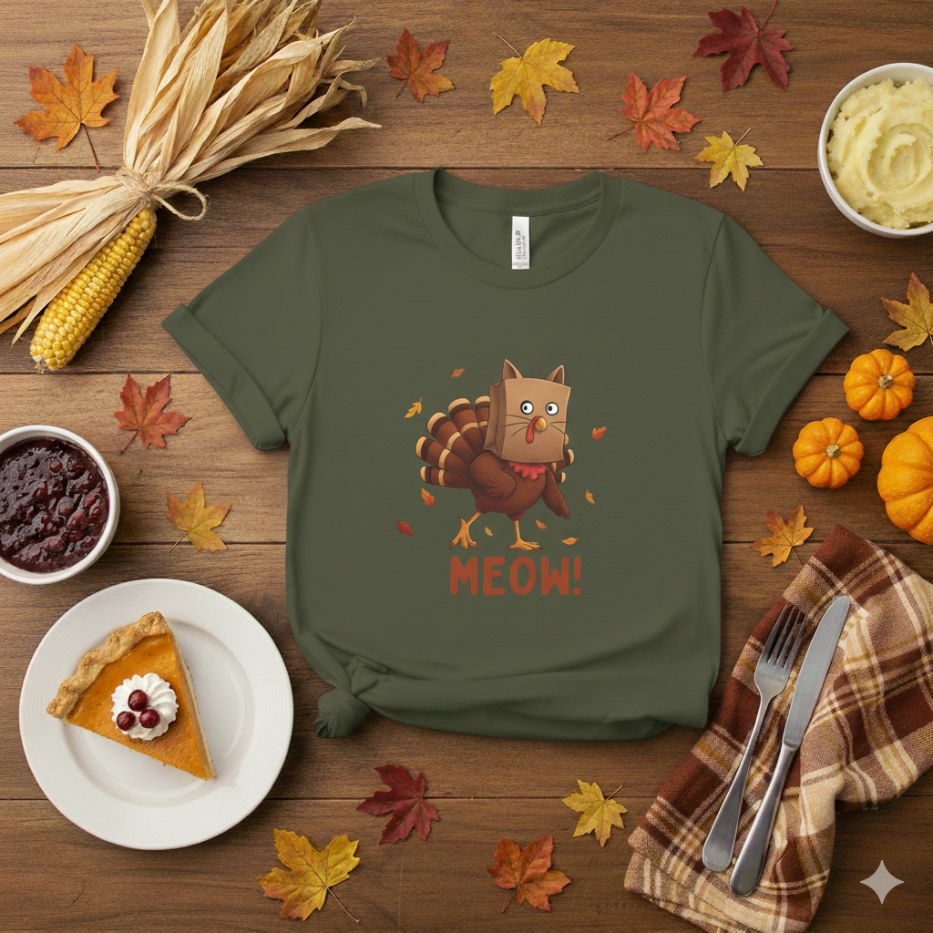 Funny Thanksgiving Shirt – “Meow!” Turkey in Cat Disguise Tee | Hilarious Fall Graphic T-Shirt | Turkey Day Humor Gift