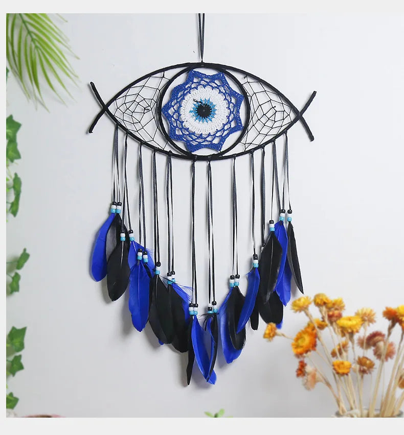 Evil Eye Dream Catcher Boho Room Decor Handmade Eye Wall Decor Blue Feather Dreamcatcher Wall Hanging Wall Art  Living Room Gift