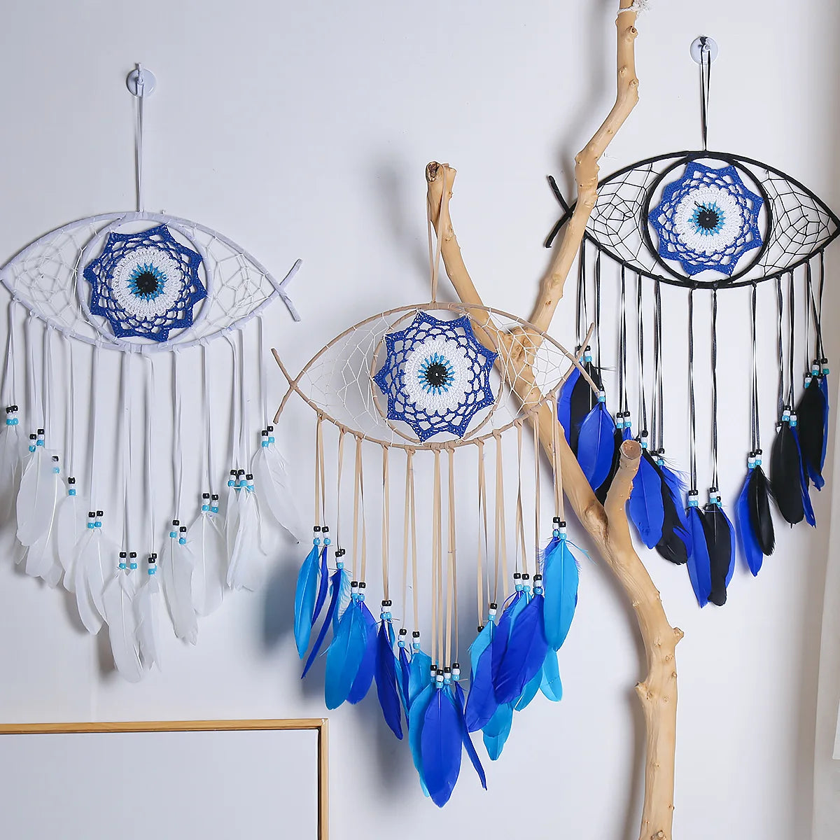 Evil Eye Dream Catcher Boho Room Decor Handmade Eye Wall Decor Blue Feather Dreamcatcher Wall Hanging Wall Art  Living Room Gift