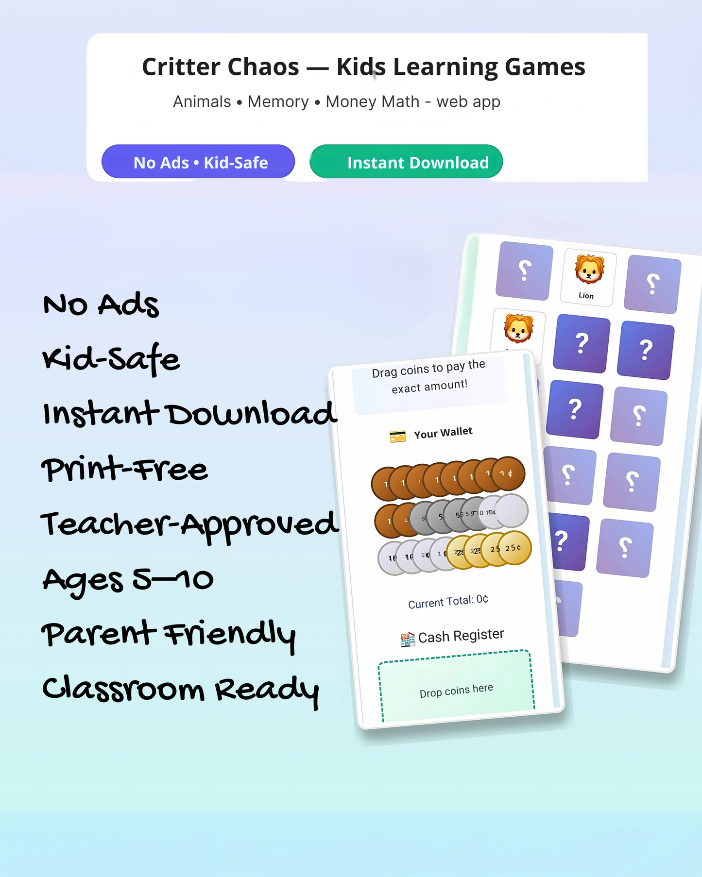 Kids Learning Game Bundle: Memory Match, Money Math, Maze Quiz (Instant Download)