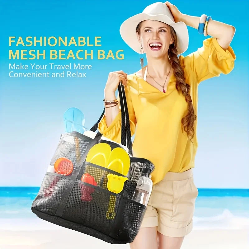 Large Mesh Beach Tote Bag, Waterproof Pool Bag with Pockets, Sandproof Travel Tote, Beach Organizer Bag, Summer Vacation Bag