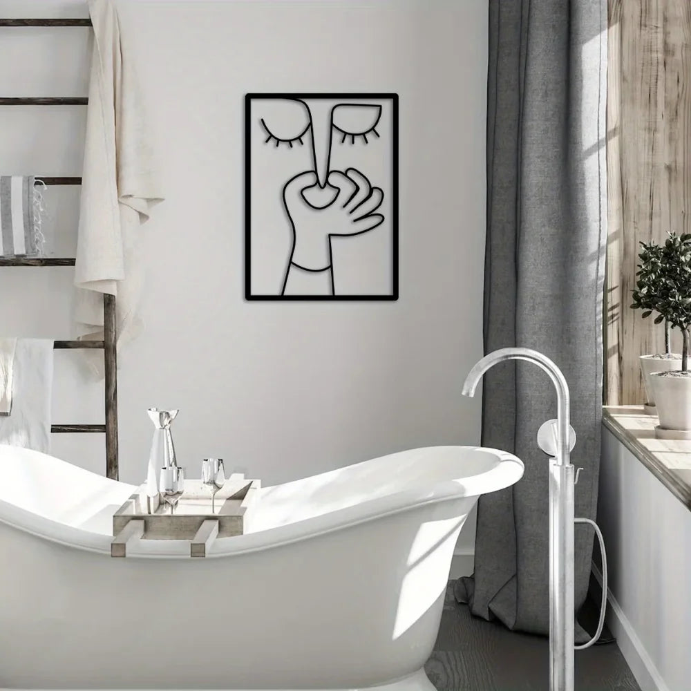 Funny Abstract Face Metal Wall Art, Minimalist Bathroom Wall Decor, Modern Line Art Face, Quirky Contemporary Home Decor