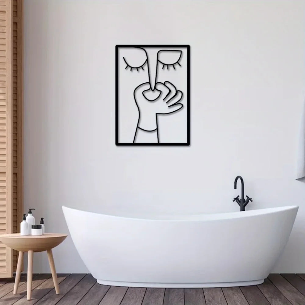 Funny Abstract Face Metal Wall Art, Minimalist Bathroom Wall Decor, Modern Line Art Face, Quirky Contemporary Home Decor