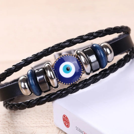 Evil Eye Bracelet Vintage Multi Layer Leather Braided Bracelet Blue Eye Alloy Split Buckle Men's Bracelet