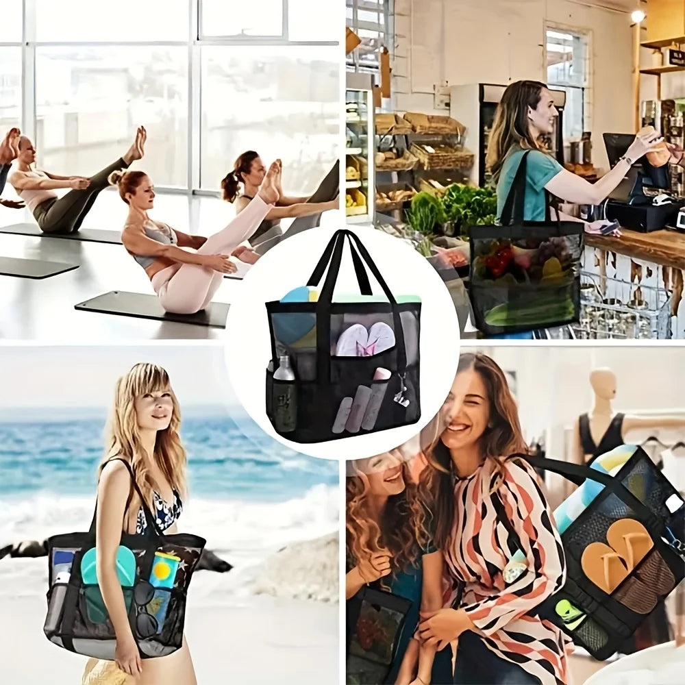 Large Mesh Beach Tote Bag, Waterproof Pool Bag with Pockets, Sandproof Travel Tote, Beach Organizer Bag, Summer Vacation Bag