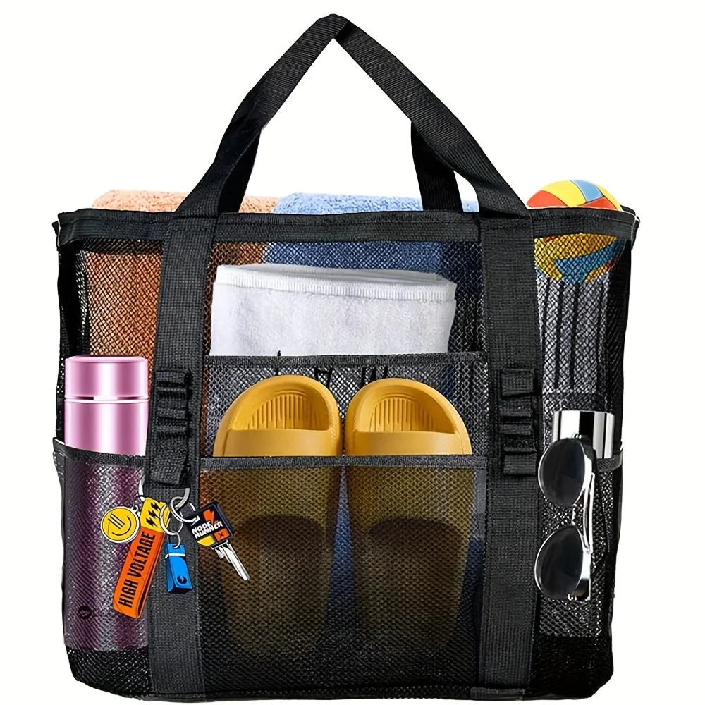Large Mesh Beach Tote Bag, Waterproof Pool Bag with Pockets, Sandproof Travel Tote, Beach Organizer Bag, Summer Vacation Bag