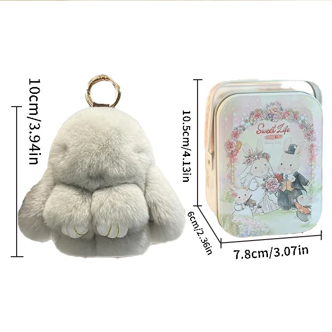 Bunny Keychain with Tin,Handmade Soft Bunny Pompom Keychain Charms,Bunny Keychain Plush,bunny keychain