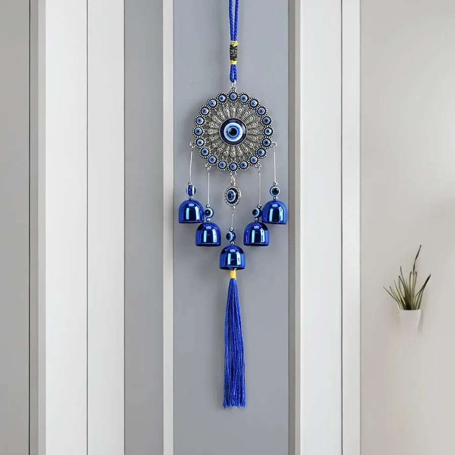 1 Piece Blue Eye Bell Tassel Flower Plate Wind Chime Entrance Window Wall Hanging Outdoor Corridor Balcony Courtyard Decoration