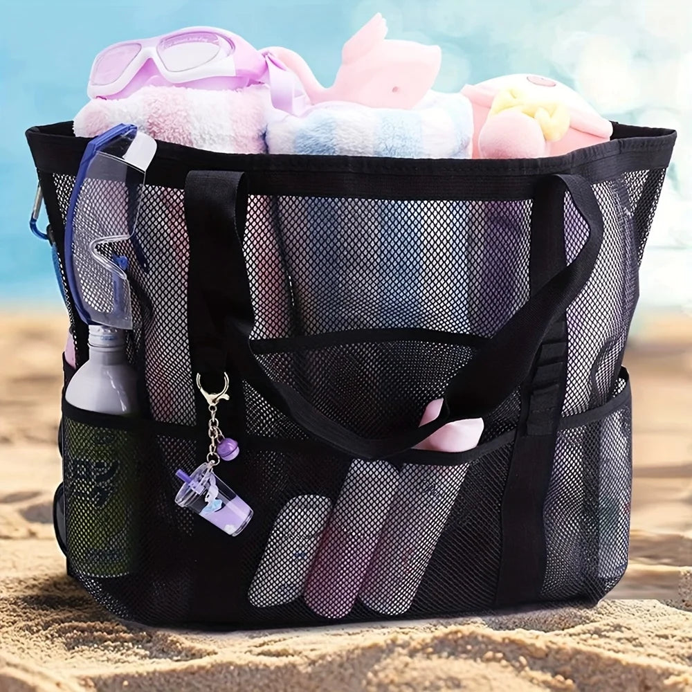 Large Mesh Beach Tote Bag, Waterproof Pool Bag with Pockets, Sandproof Travel Tote, Beach Organizer Bag, Summer Vacation Bag