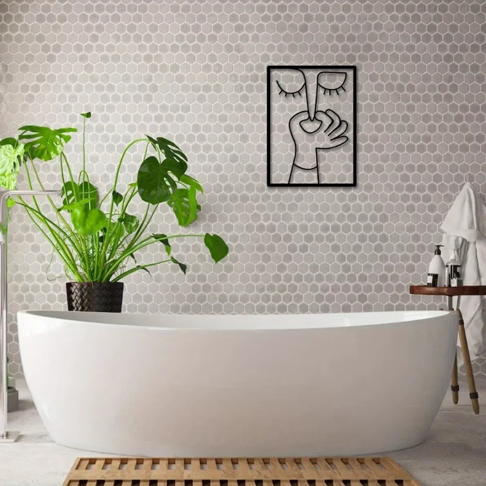 Funny Abstract Face Metal Wall Art, Minimalist Bathroom Wall Decor, Modern Line Art Face, Quirky Contemporary Home Decor