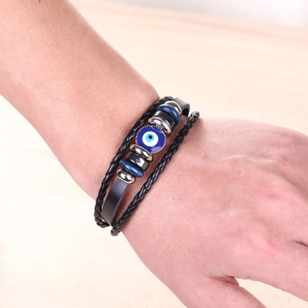 Evil Eye Bracelet Vintage Multi Layer Leather Braided Bracelet Blue Eye Alloy Split Buckle Men's Bracelet