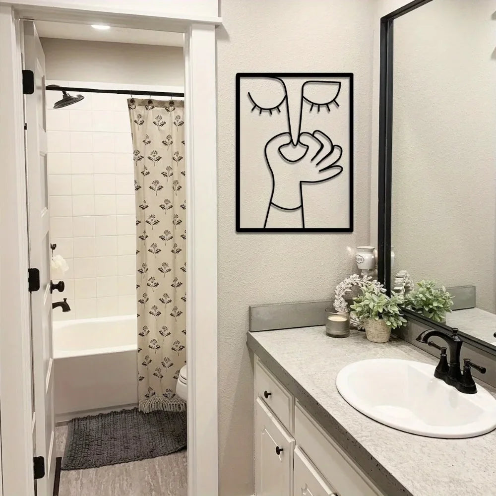 Funny Abstract Face Metal Wall Art, Minimalist Bathroom Wall Decor, Modern Line Art Face, Quirky Contemporary Home Decor