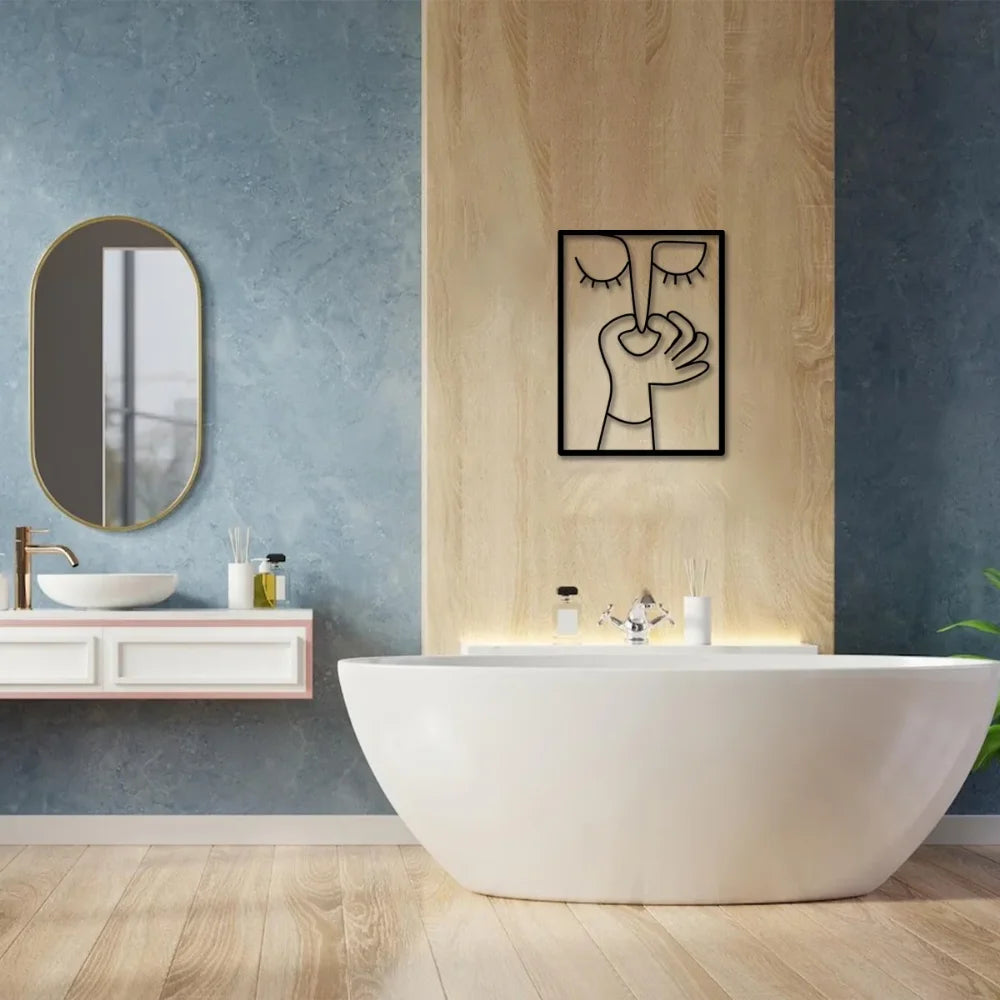 Funny Abstract Face Metal Wall Art, Minimalist Bathroom Wall Decor, Modern Line Art Face, Quirky Contemporary Home Decor