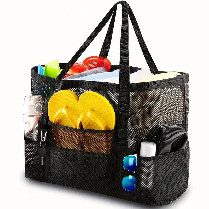 Large Mesh Beach Tote Bag, Waterproof Pool Bag with Pockets, Sandproof Travel Tote, Beach Organizer Bag, Summer Vacation Bag