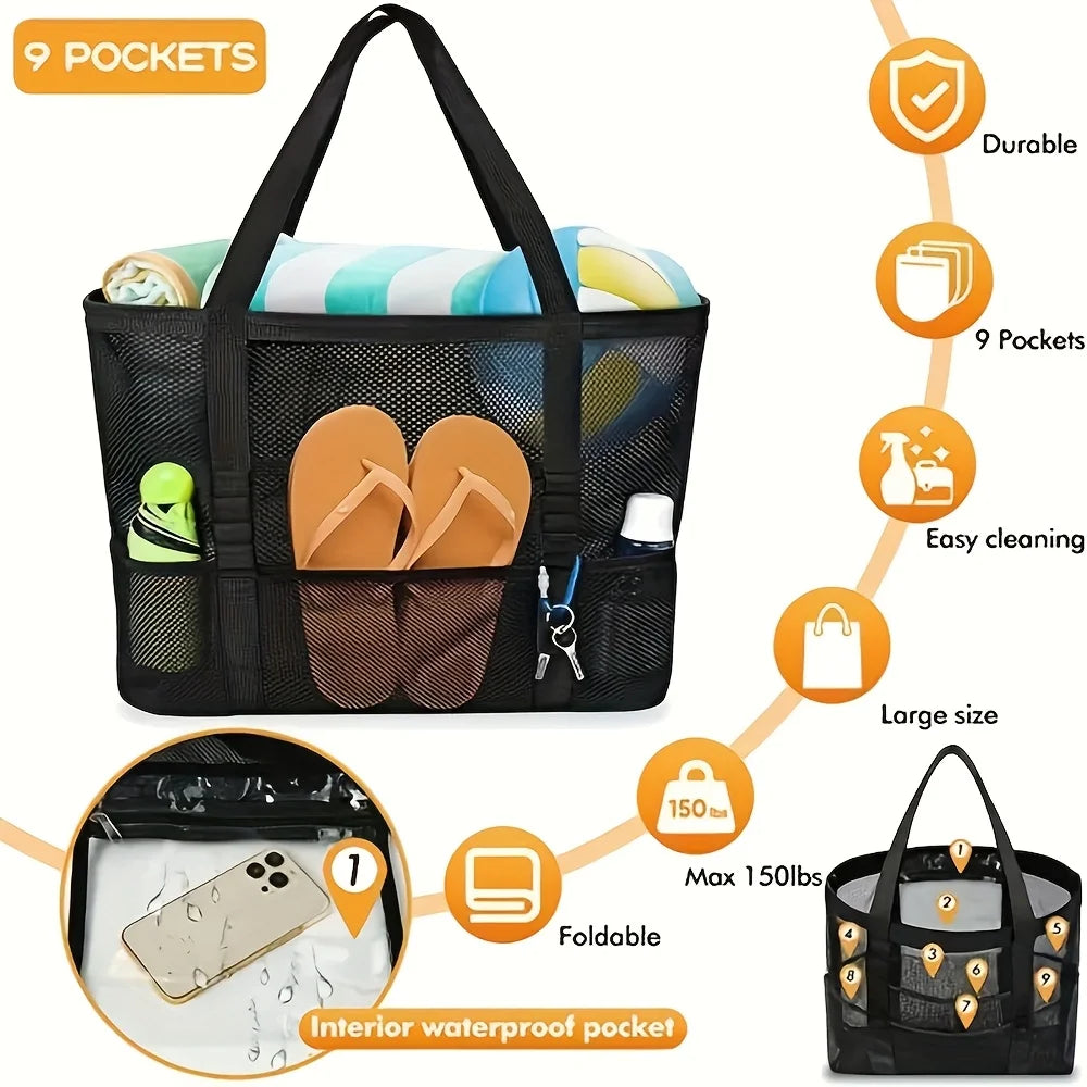 Large Mesh Beach Tote Bag, Waterproof Pool Bag with Pockets, Sandproof Travel Tote, Beach Organizer Bag, Summer Vacation Bag