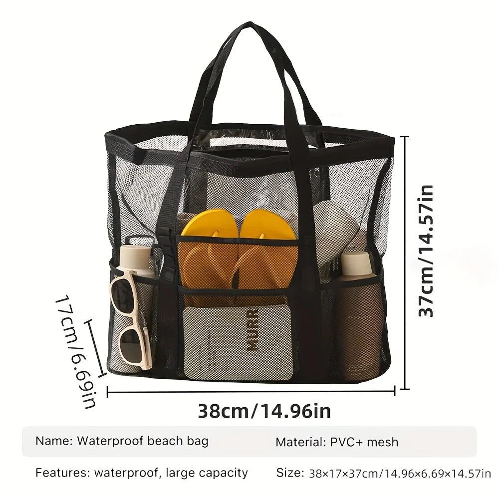 Large Mesh Beach Tote Bag, Waterproof Pool Bag with Pockets, Sandproof Travel Tote, Beach Organizer Bag, Summer Vacation Bag