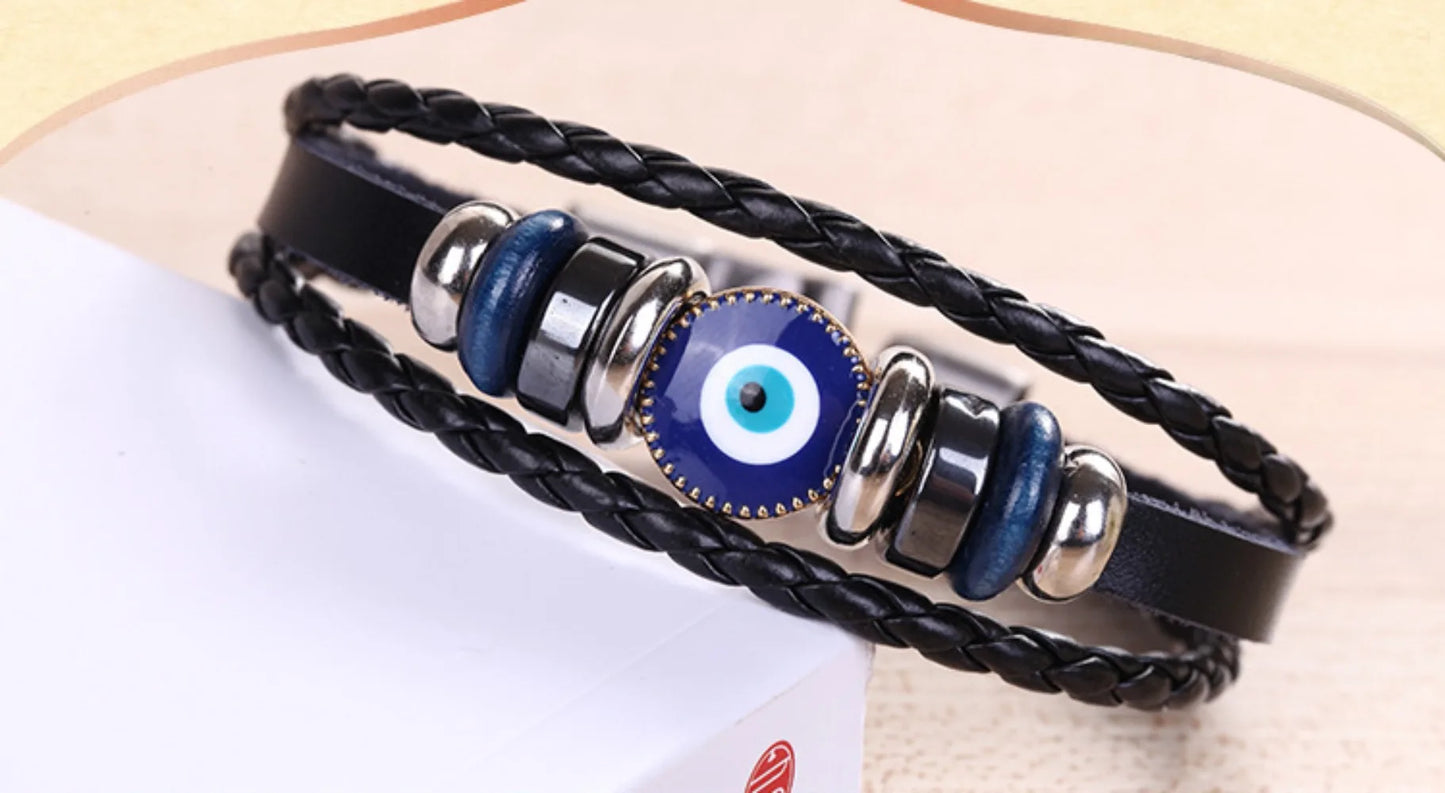 Evil Eye Bracelet Vintage Multi Layer Leather Braided Bracelet Blue Eye Alloy Split Buckle Men's Bracelet