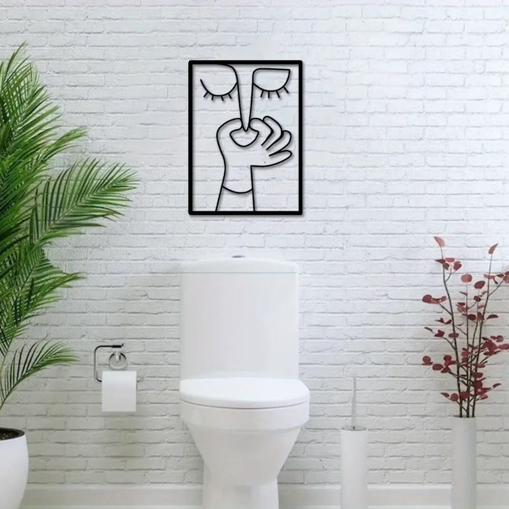 Funny Abstract Face Metal Wall Art, Minimalist Bathroom Wall Decor, Modern Line Art Face, Quirky Contemporary Home Decor