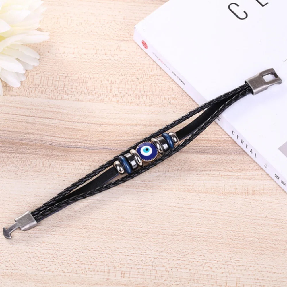 Evil Eye Bracelet Vintage Multi Layer Leather Braided Bracelet Blue Eye Alloy Split Buckle Men's Bracelet
