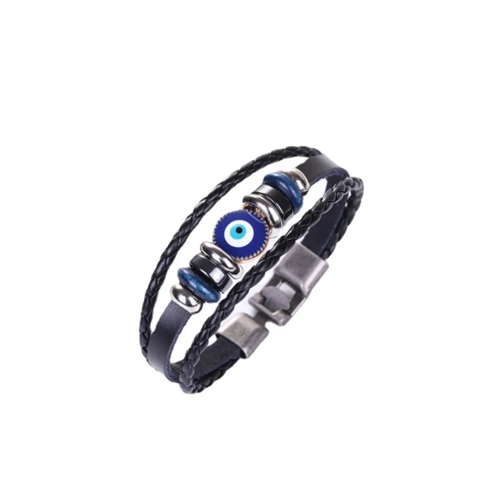 Evil Eye Bracelet Vintage Multi Layer Leather Braided Bracelet Blue Eye Alloy Split Buckle Men's Bracelet