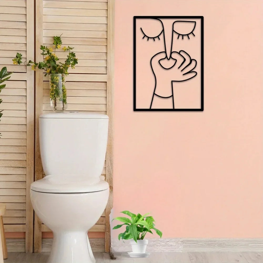 Funny Abstract Face Metal Wall Art, Minimalist Bathroom Wall Decor, Modern Line Art Face, Quirky Contemporary Home Decor