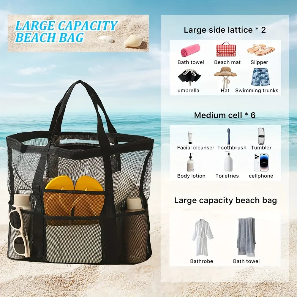 Large Mesh Beach Tote Bag, Waterproof Pool Bag with Pockets, Sandproof Travel Tote, Beach Organizer Bag, Summer Vacation Bag