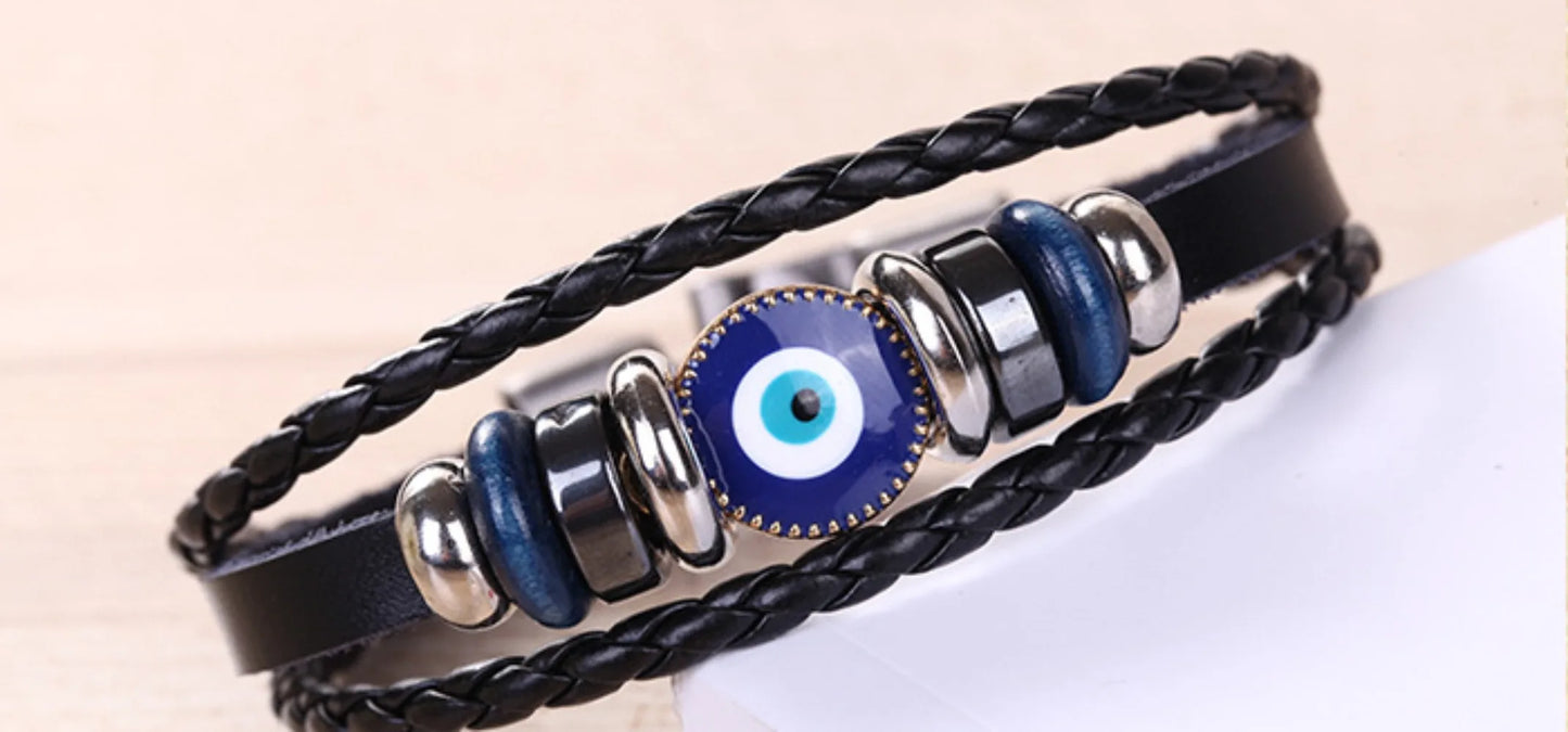 Evil Eye Bracelet Vintage Multi Layer Leather Braided Bracelet Blue Eye Alloy Split Buckle Men's Bracelet