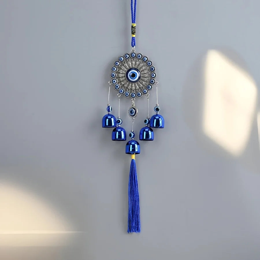 1 Piece Blue Eye Bell Tassel Flower Plate Wind Chime Entrance Window Wall Hanging Outdoor Corridor Balcony Courtyard Decoration