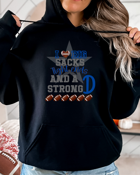 I Love Big Sacks Tight Ends And A Strong D Football Unisex Heavy Blend™ Hooded Sweatshirt, Football Season Hoodie