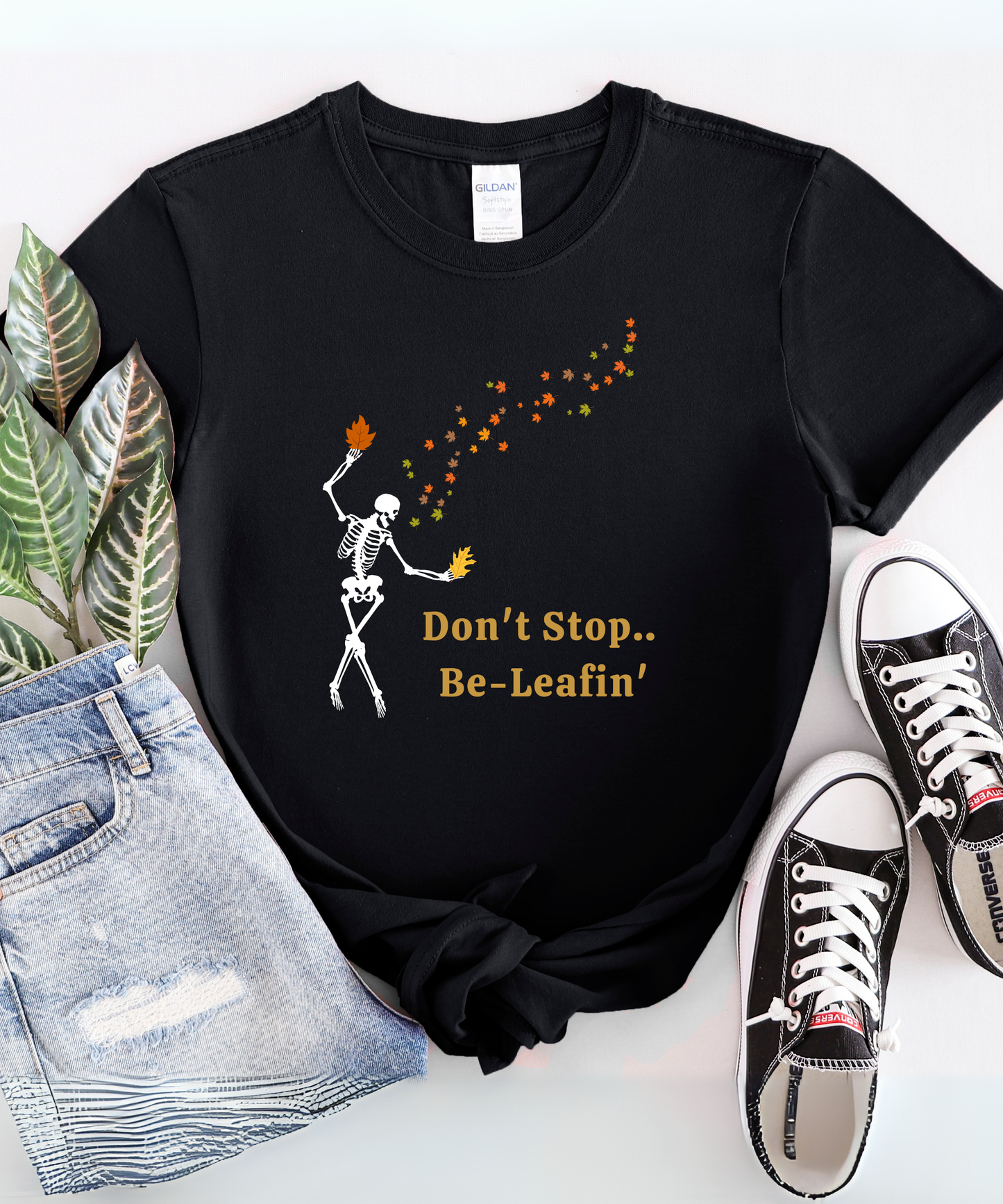 Whimsical Skeleton T-Shirt - Don't Stop Be Leafin', Halloween Tee, Fall Shirt, Autumn Fashion, Unique Gift for Friends